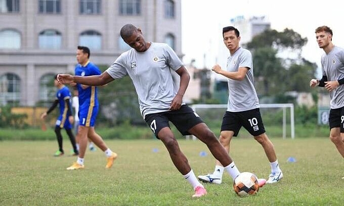 Bruno cantanhede (with the ball) during a training session of hanoi fc. photo courtesy fc.